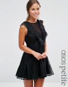 Asos Petite Ruffle Front Lace Mini Skater Dress - Black