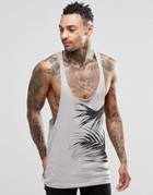 Asos Tank With Leaf Print And Raw Edge Extreme Racer Back - Beige