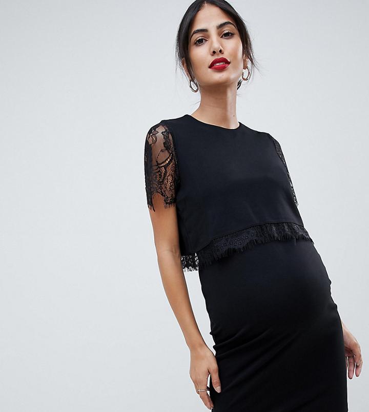 Asos Design Maternity Nursing Double Layer Bodycon Dress With Lace Trim - Black