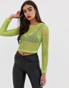 Asos Design Fishnet Long Sleeve Top In Bright Green - Green