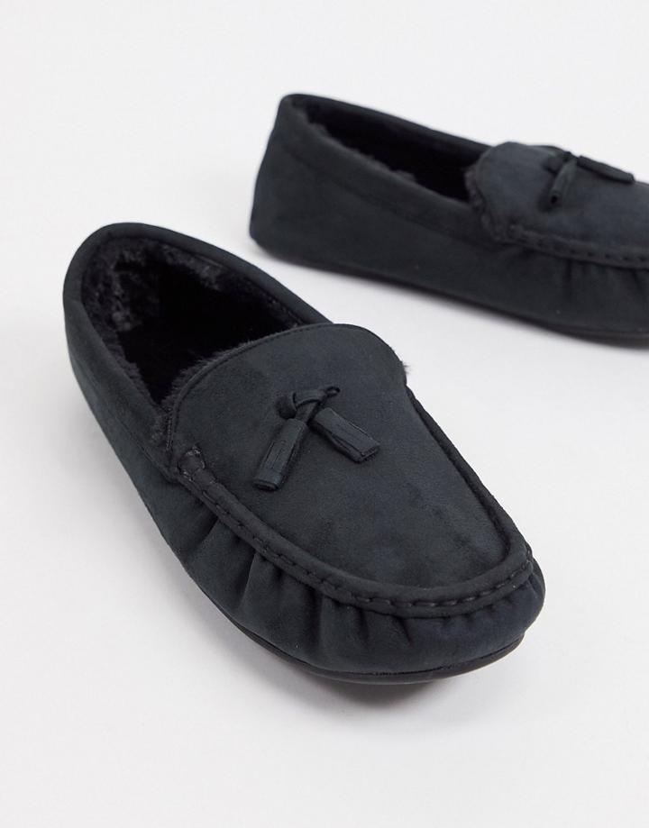 Asos Design Moccasin Slippers In Black With Faux Fur Lining