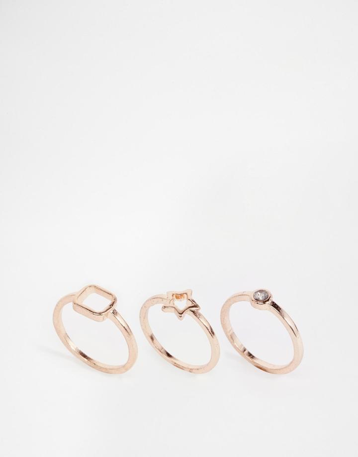 Asos Pack Of 3 Open Shapes & Crystal Rings - Rose Gold