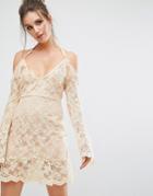 Missguided Cold Shoulder Lace Overlay Dress - Beige
