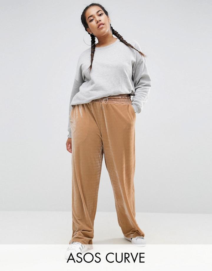 Asos Curve Wide Leg Velvet Pants With Elastic Cord - Cream
