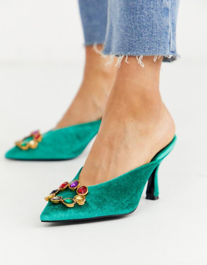 Asos Design Sugar Mid-heeled Mules In Green Velvet
