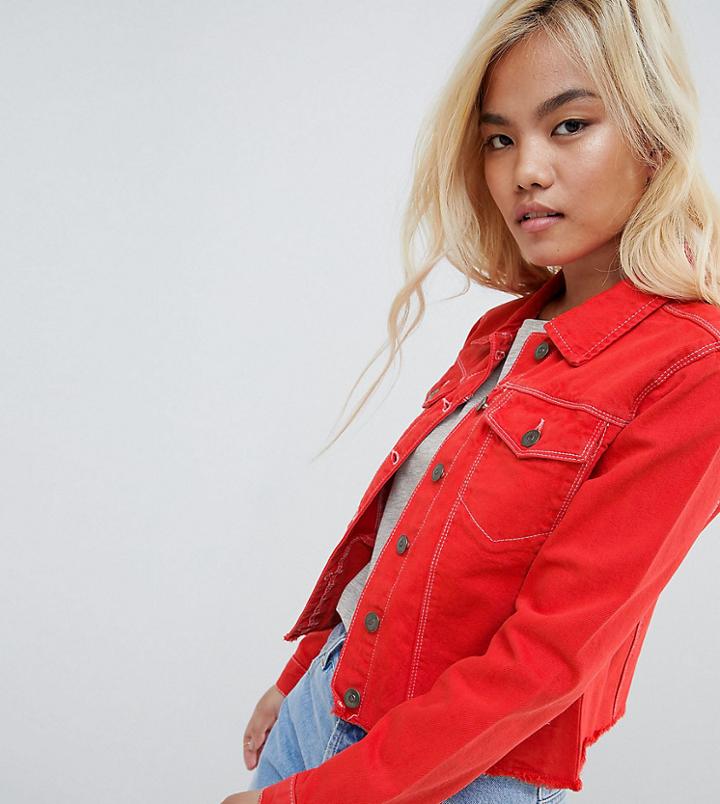 Brave Soul Petite Harris Raw Colored Denim Jacket - Red