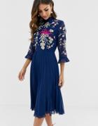 Asos Design Embroidered Pleated Midi Dress With Fluted Sleeve - Navy