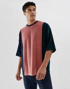 Asos Design Oversized T-shirt With Half Sleeve In Towelling With Vertical Color Block - Pink