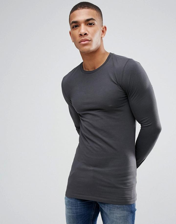 Asos Design Longline Muscle Fit T-shirt With Long Sleeves In Black - Black