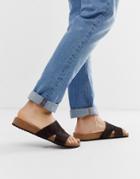Asos Design Slider Sandals In Brown Suede - Stone
