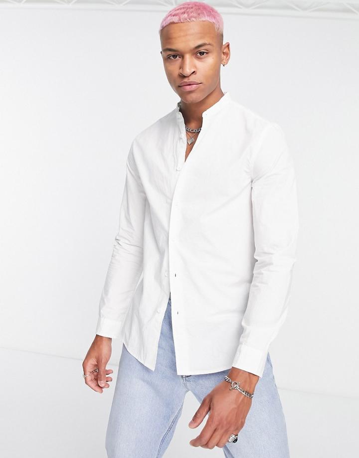 Bershka Band Collar Shirt With Long Sleeves In White