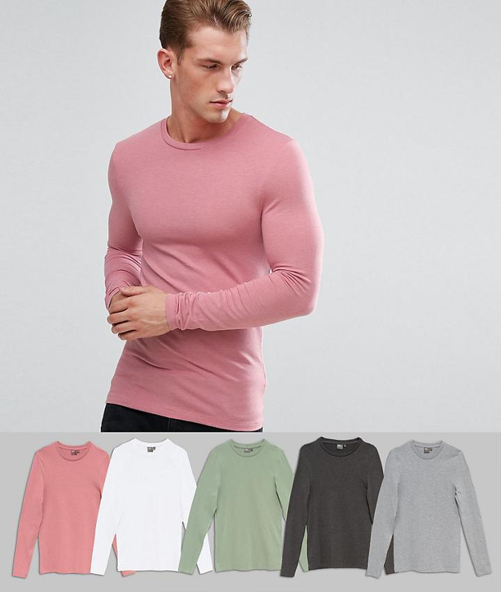 Asos Design Extreme Muscle Fit Long Sleeve T-shirt 5 Pack Save - Multi