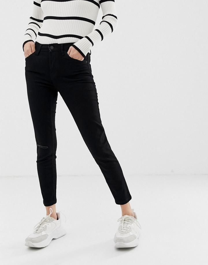 Bershka Cropped Skinny Jean In Black - Black
