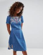 Espirit Floral Embroidered Denim Skater Dress - Blue
