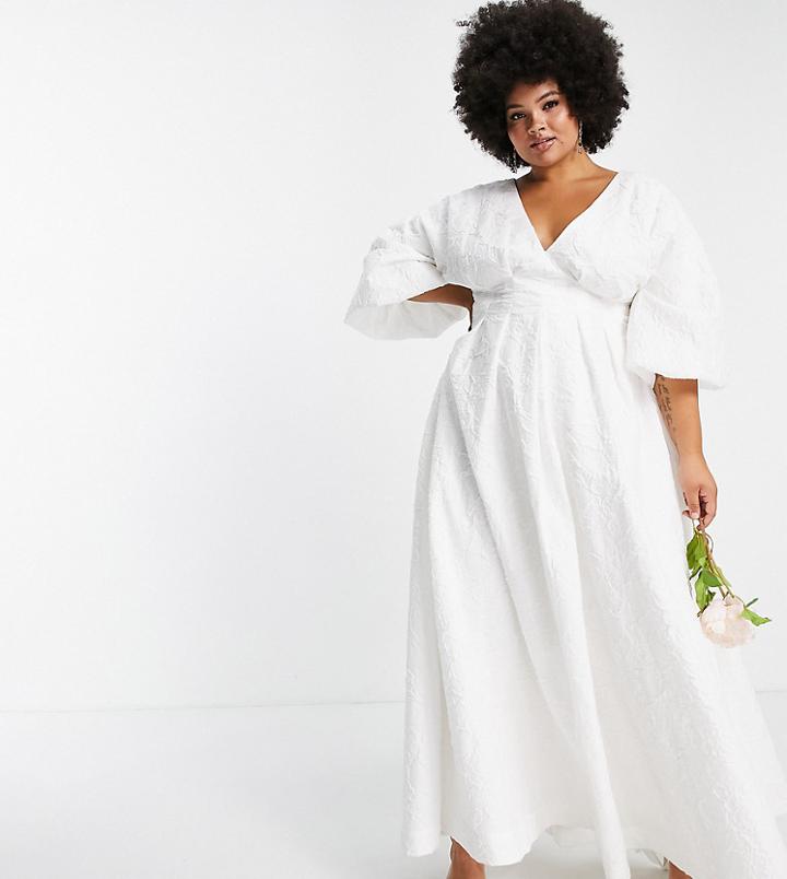 Asos Edition Curve Winnie Pleat Waist Wedding Dress In Textured Floral-white