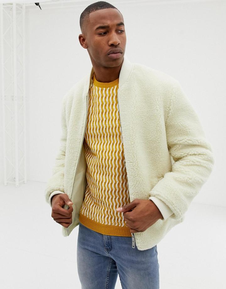 Asos Design Bomber Jacket In Borg With Nylon Hood In Ecru - Beige