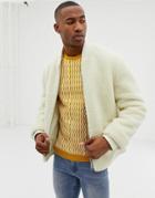 Asos Design Bomber Jacket In Borg With Nylon Hood In Ecru - Beige