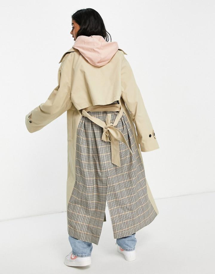 Asos Design Check Spliced Trench Coat-multi
