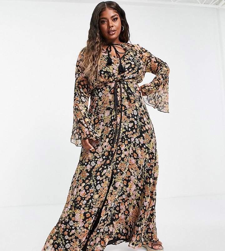 Asos Design Curve Ditsy Floral Maxi Dress With Flared Cuff And Tassle Detail-black