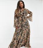 Asos Design Curve Ditsy Floral Maxi Dress With Flared Cuff And Tassle Detail-black