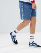 Asos Design Denim Shorts In Skater Fit Vintage Mid Wash With Frayed Side Stripe - Blue