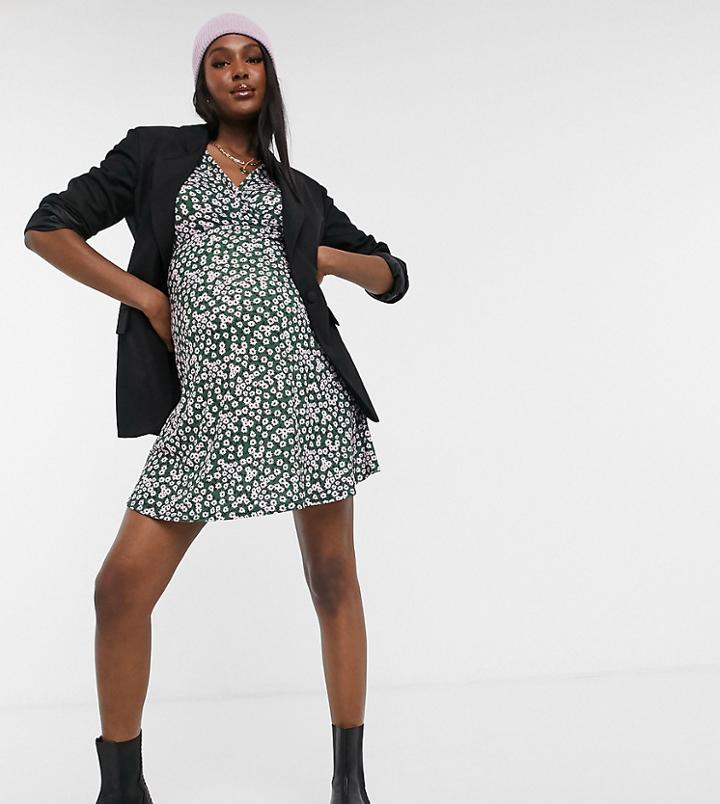 Asos Design Maternity Mini Tea Dress With Twist Front In Forest Green And Pink Floral