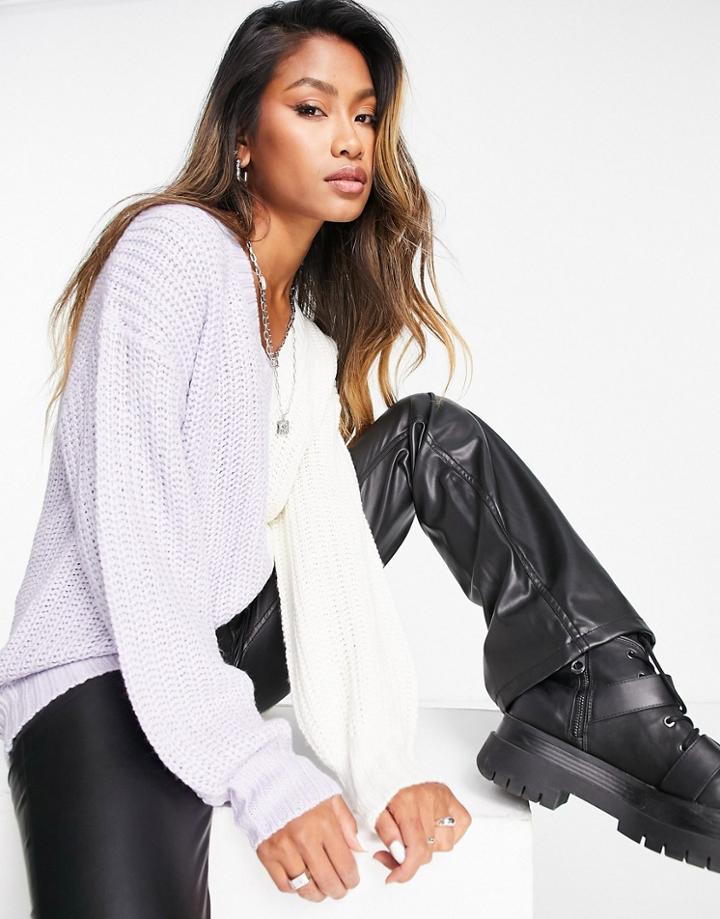 Violet Romance V Neck Sweater In Contrast Color Block-purple