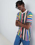 Asos Design Relaxed Longline T-shirt With Rainbow Vertical Stripe - Multi