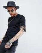 Asos Design Relaxed Longline T-shirt With Sleeve Fringe Detail - Black