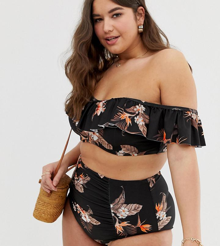 City Chic Curve High Waist Bikini Bottom In Floral Print - Black