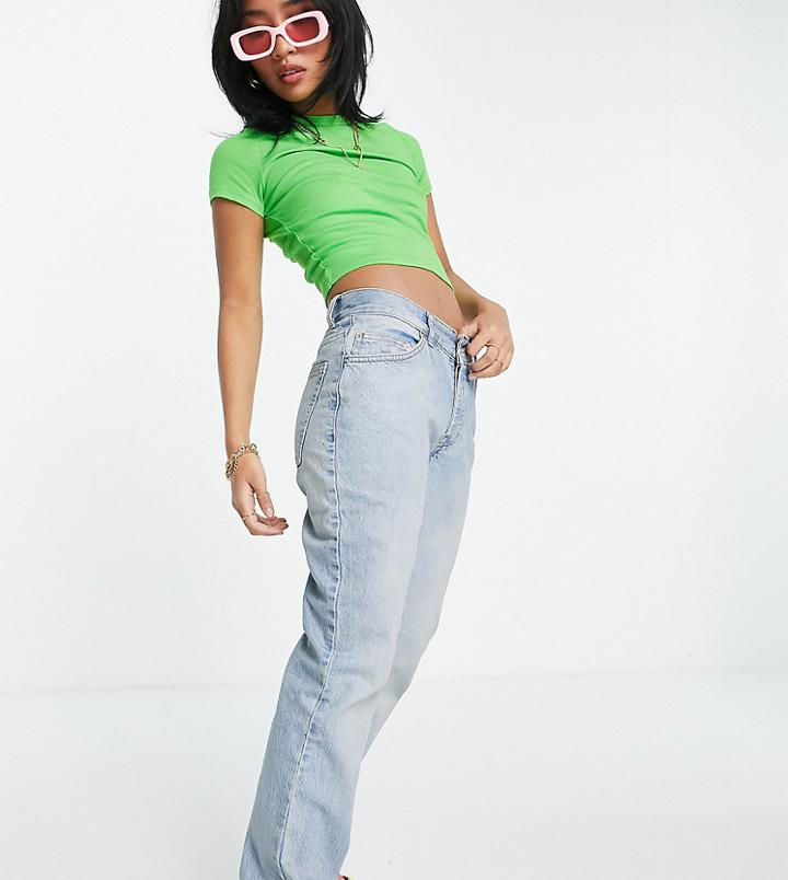 Asos Design Petite Organic Cotton Blend Mid Rise '90's' Straight Leg Jeans In Light Wash-blues