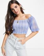 Skylar Rose Off Shoulder Shirring Crop Top In Blue Check-blues