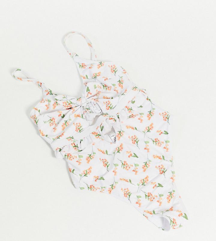 Peek & Beau Fuller Bust Exclusive Floral Cut-out Swimsuit With Ruffle Detail In Coral Floral-multi