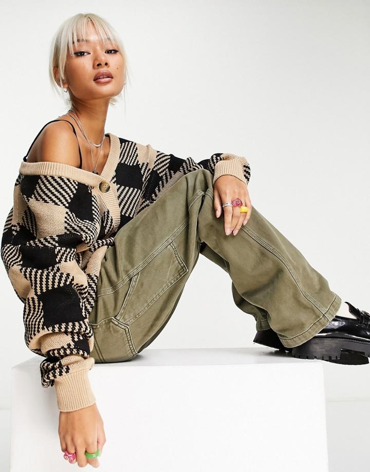 Noisy May Oversized Cardigan In Beige & Black Check-multi