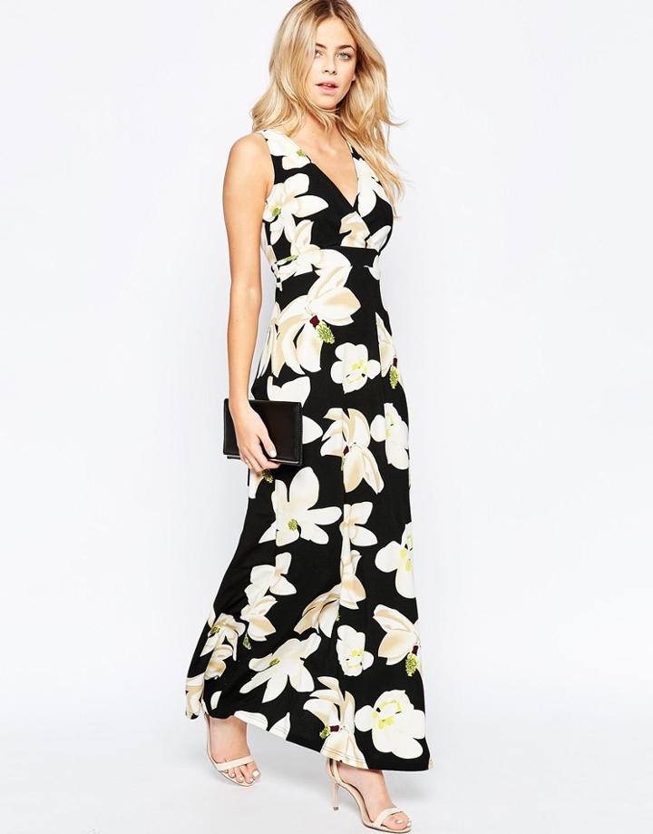 Parisian Wrap Front Maxi Dress In Large Floral - Black