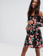 Asos Shirred Bardot Mini Dress With Trumpet Sleeve In Floral Print - Multi