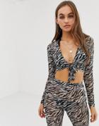 Motel Mesh Beach Two-piece Plunge Crop Top With Flared Pants In Zebra Print-multi