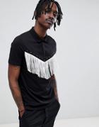 Asos Design Polo Shirt With Western Fringing In Black - Black