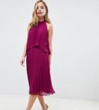 Asos Design Petite Halter Tie Neck Midi Dress In Pleat - Red