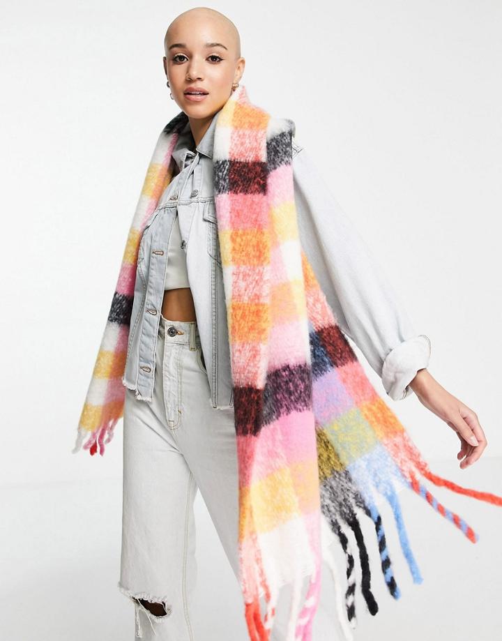 Boardmans Super Fluffy Bright Check Tassel Trim Scarf In Multi