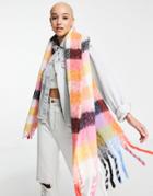 Boardmans Super Fluffy Bright Check Tassel Trim Scarf In Multi