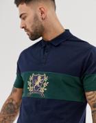 Asos Design Relaxed Polo With Contrast Panel And Heritage Print-navy