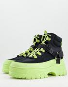 Asos Design Lace Up Boots In Black Faux Suede With Lime Green Chunky Sole