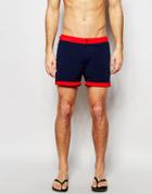 Asos Mid Length Swim Shorts In Navy With Contrast Waistband