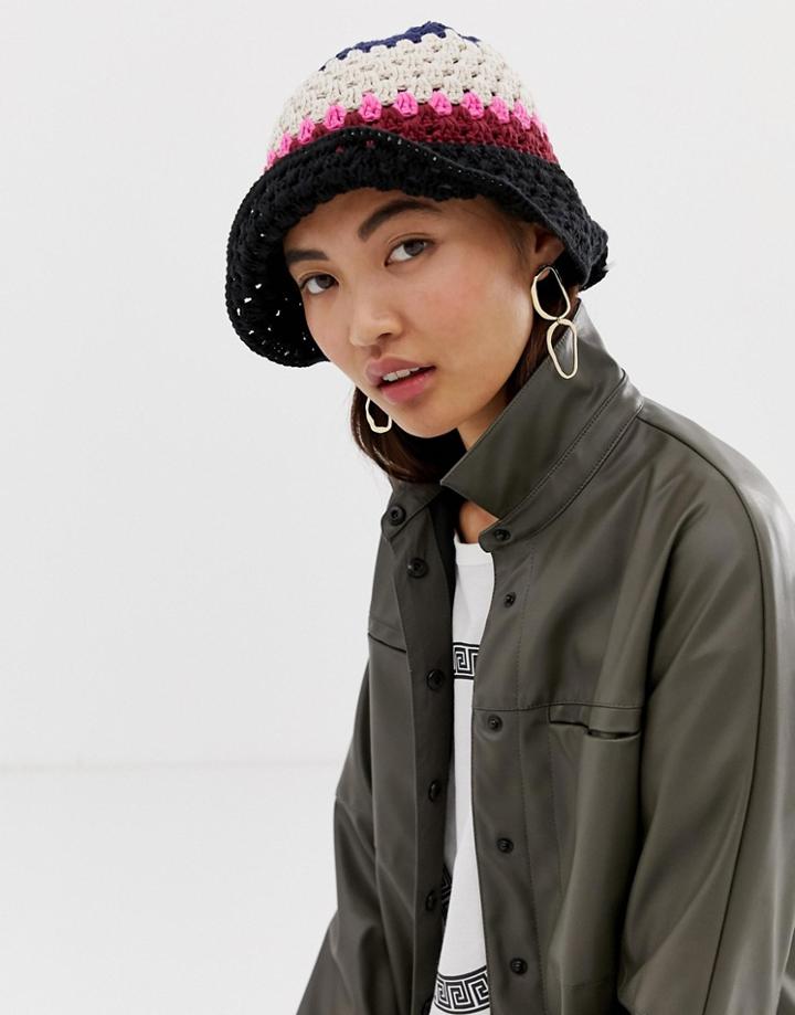 Asos Design Knitted Stripe Crochet Bucket Hat - Multi