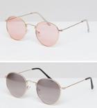 Asos Round Sunglasses 2 Pack In Gold & Rose Gold Metal Save - Gold