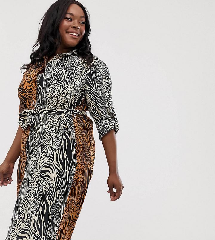 Liquorish Curve Midi Shirt Dress In Mixed Animal Print-multi