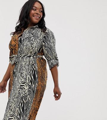 Liquorish Curve Midi Shirt Dress In Mixed Animal Print-multi