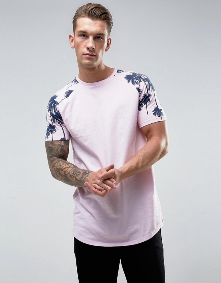 Asos Super Longline T-shirt With Palm Print Raglan Sleeve & Curved Hem - Pink