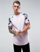 Asos Super Longline T-shirt With Palm Print Raglan Sleeve & Curved Hem - Pink